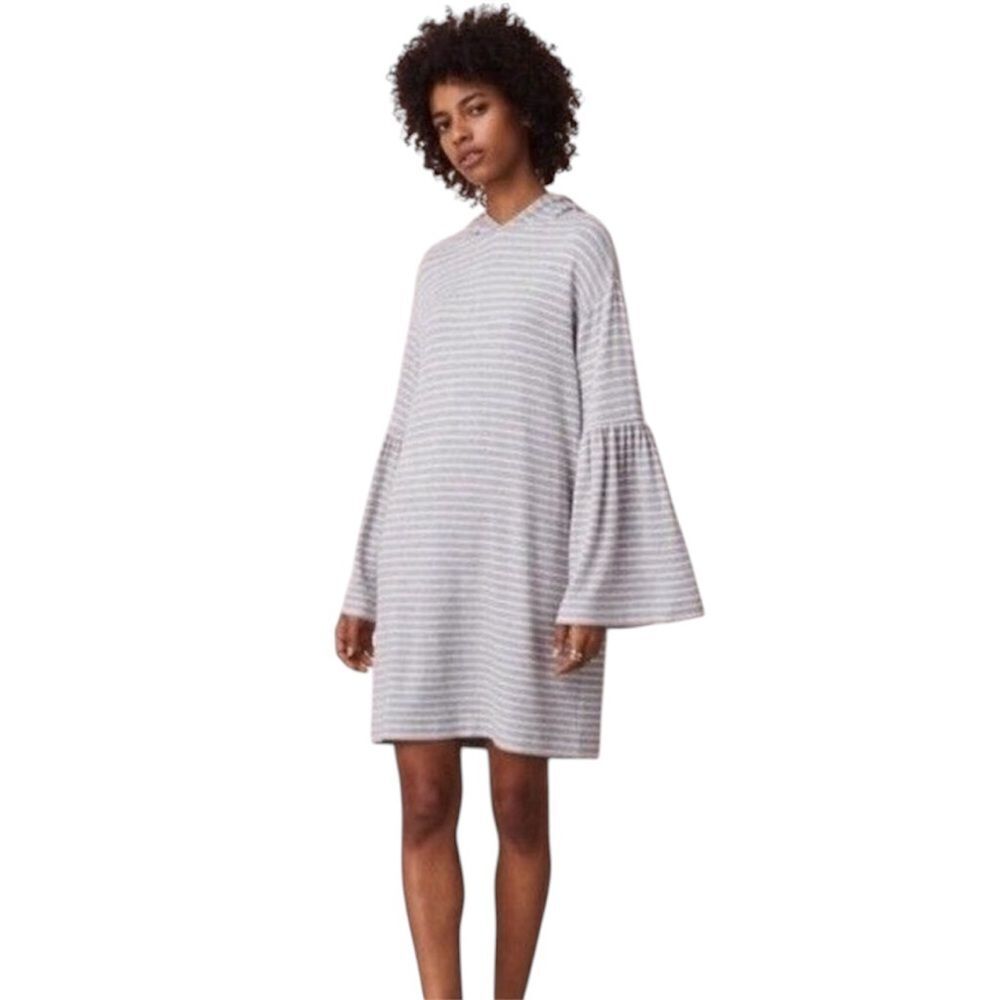 NEW Lou & Grey Striped Bell Sleeve Hoodie Dress White and Grey